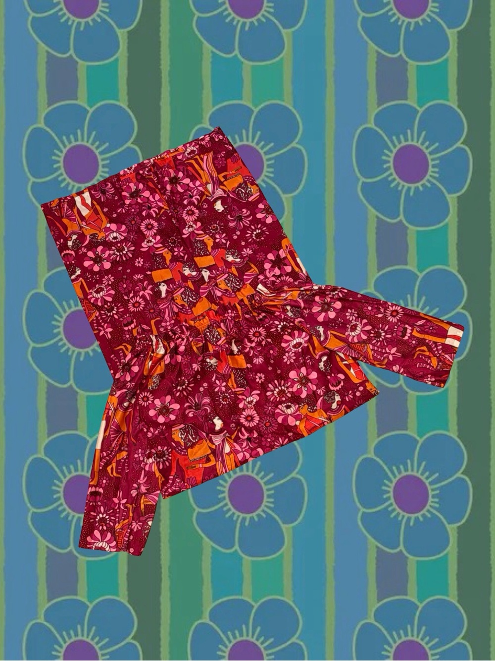 Vintage Egyptian Print Maxi Dress in Berry Floral and Orange Accents